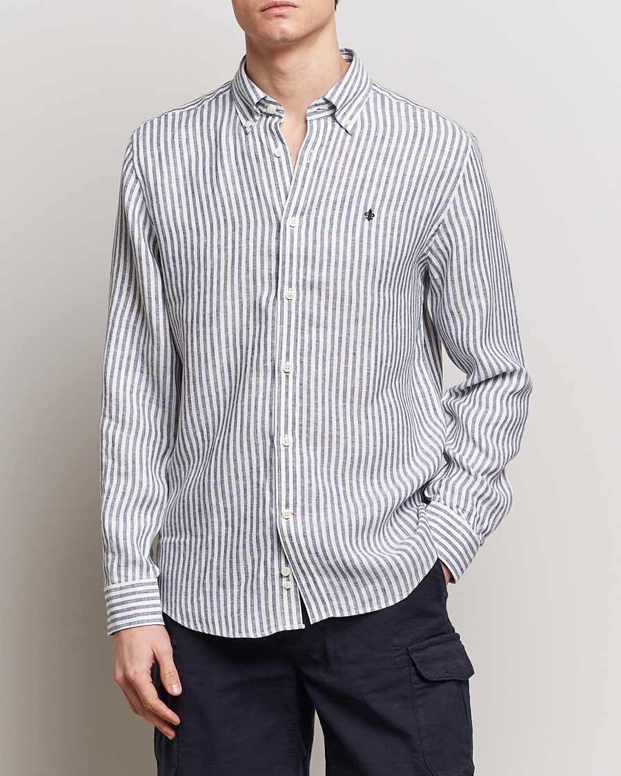 Herr | Linneskjortor | Morris | Douglas Linen Stripe Shirt Navy