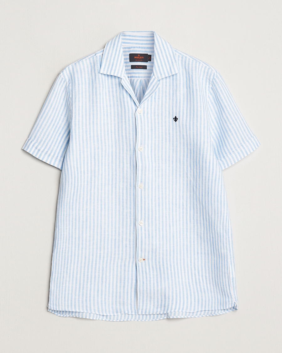 Herr | Skjortor | Morris | Striped Resort Linen Short Sleeve Shirt Light Blue