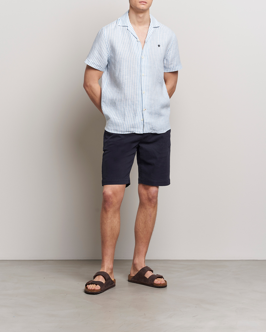 Herr | Skjortor | Morris | Striped Resort Linen Short Sleeve Shirt Light Blue