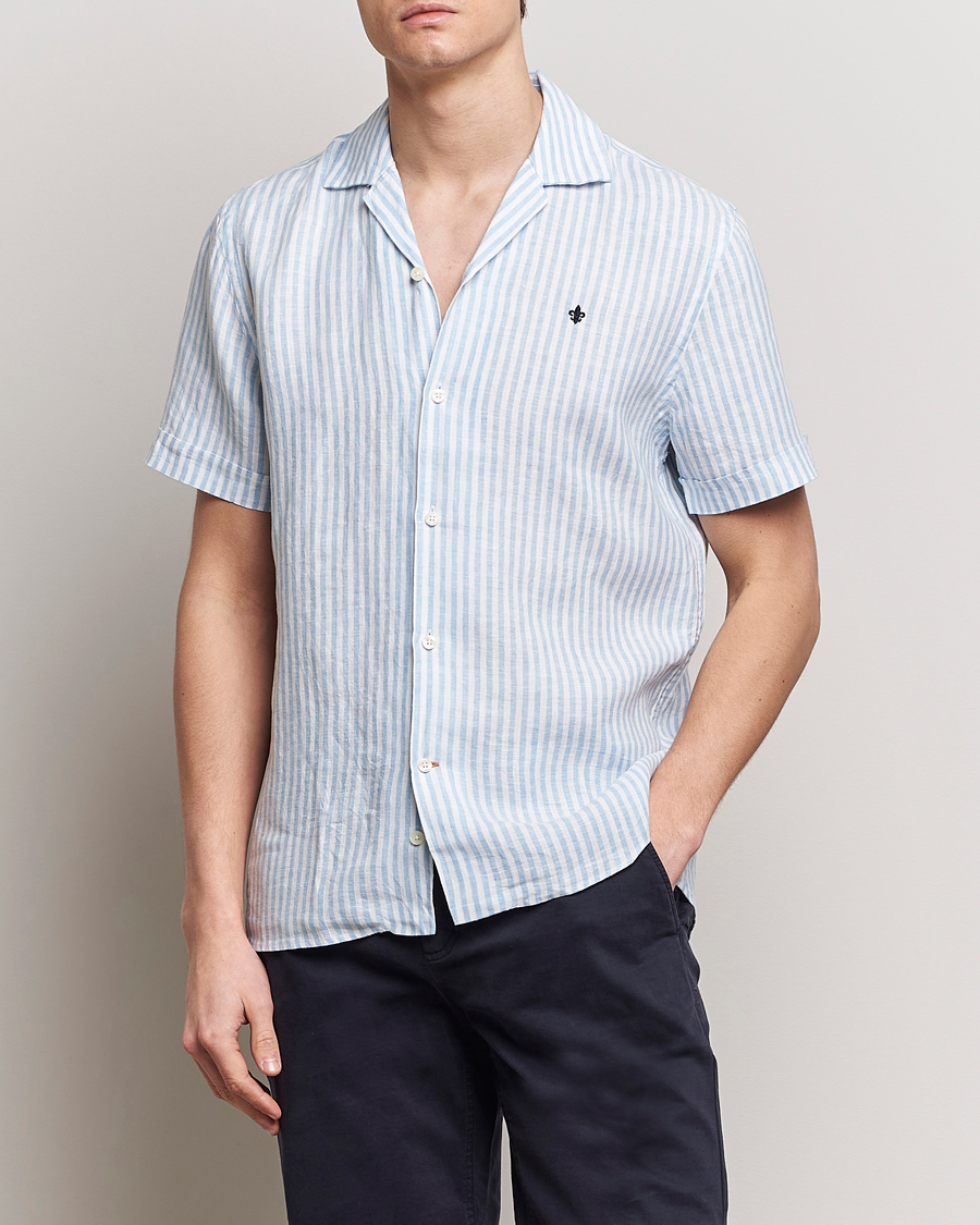 Herr | Morris | Morris | Striped Resort Linen Short Sleeve Shirt Light Blue