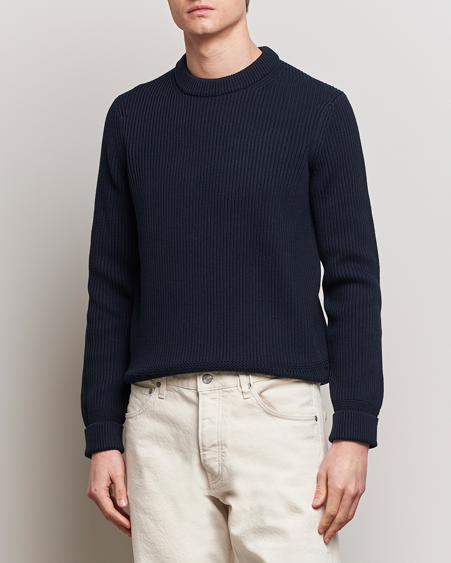 Herr | Tröjor | Morris | Arthur Navy Cotton/Merino Knitted Sweater Navy
