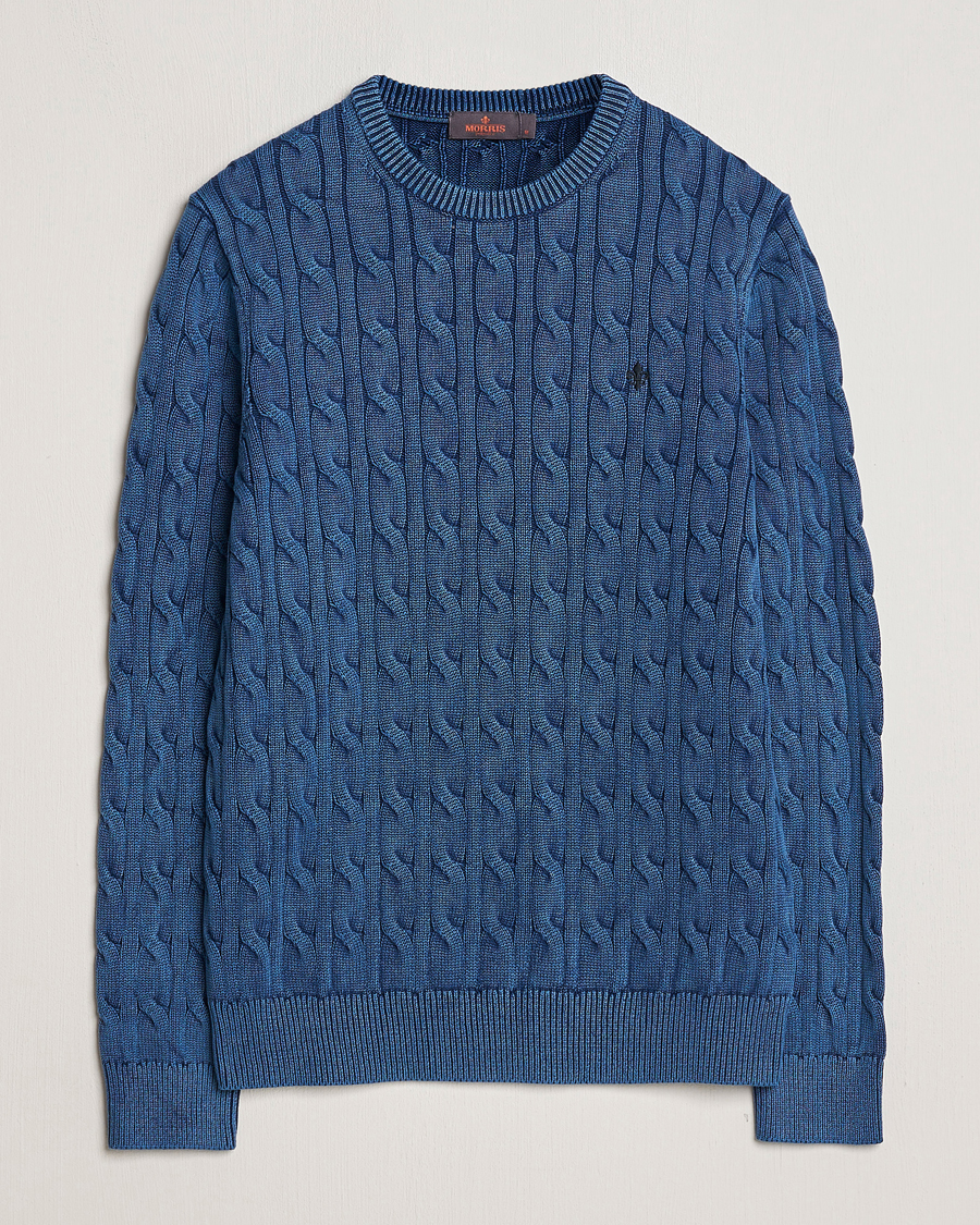 Herr | Tröjor | Morris | Ethan Cotton Cable Crew Neck Blue