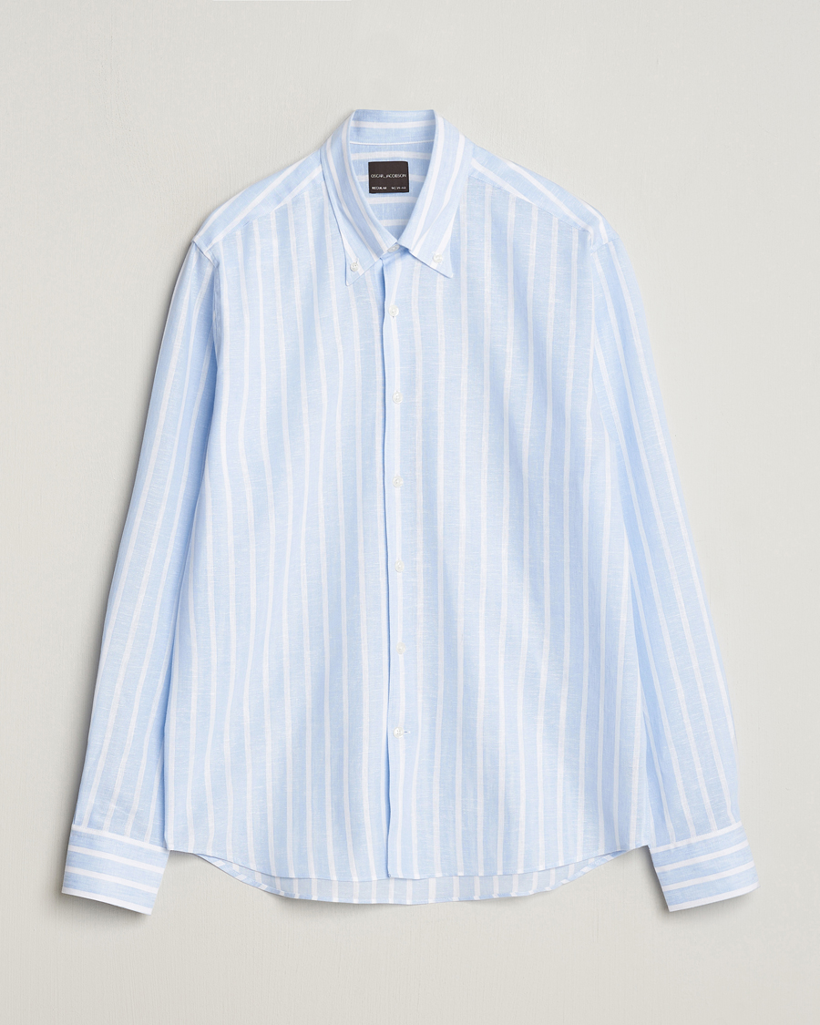 Herr | Skjortor | Oscar Jacobson | Regular Fit Striped Linen Shirt Light Blue