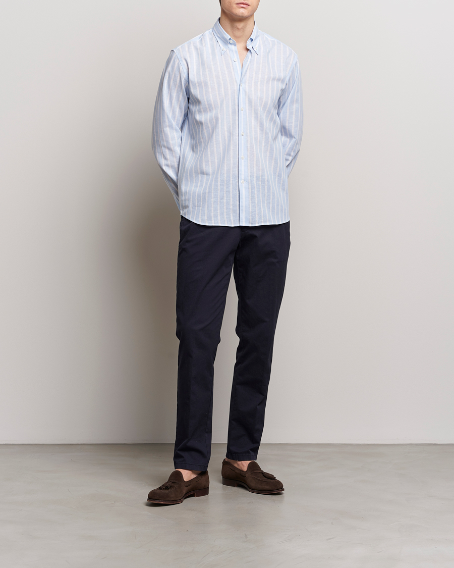 Herr | Skjortor | Oscar Jacobson | Regular Fit Striped Linen Shirt Light Blue