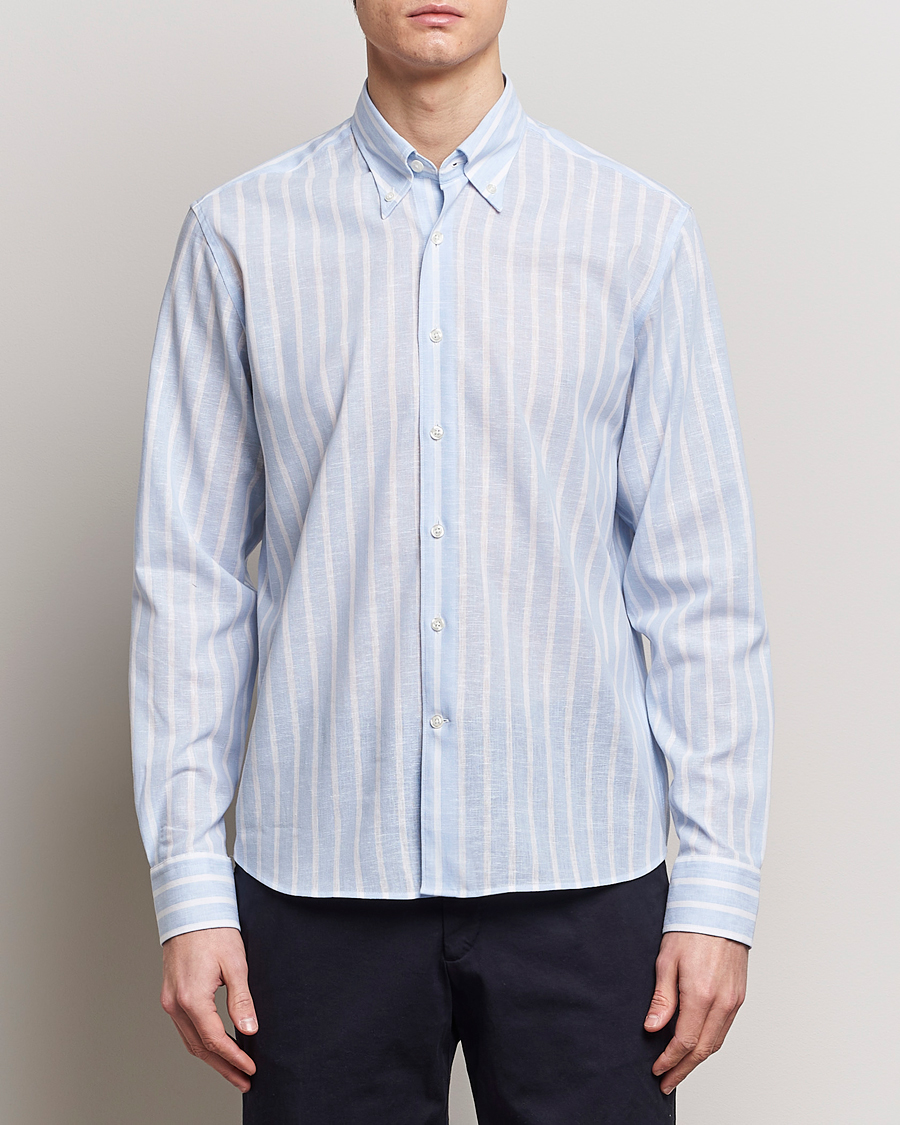 Herr | Kläder | Oscar Jacobson | Regular Fit Striped Linen Shirt Light Blue