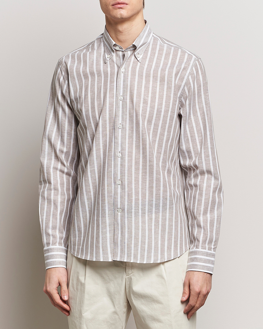 Herr | Business & Beyond | Oscar Jacobson | Regular Fit Striped Linen Shirt Brown