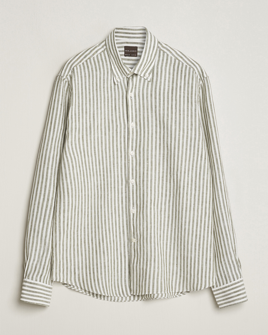 Herr | Skjortor | Oscar Jacobson | Regular Fit Dress Stripe Linen Shirt Green
