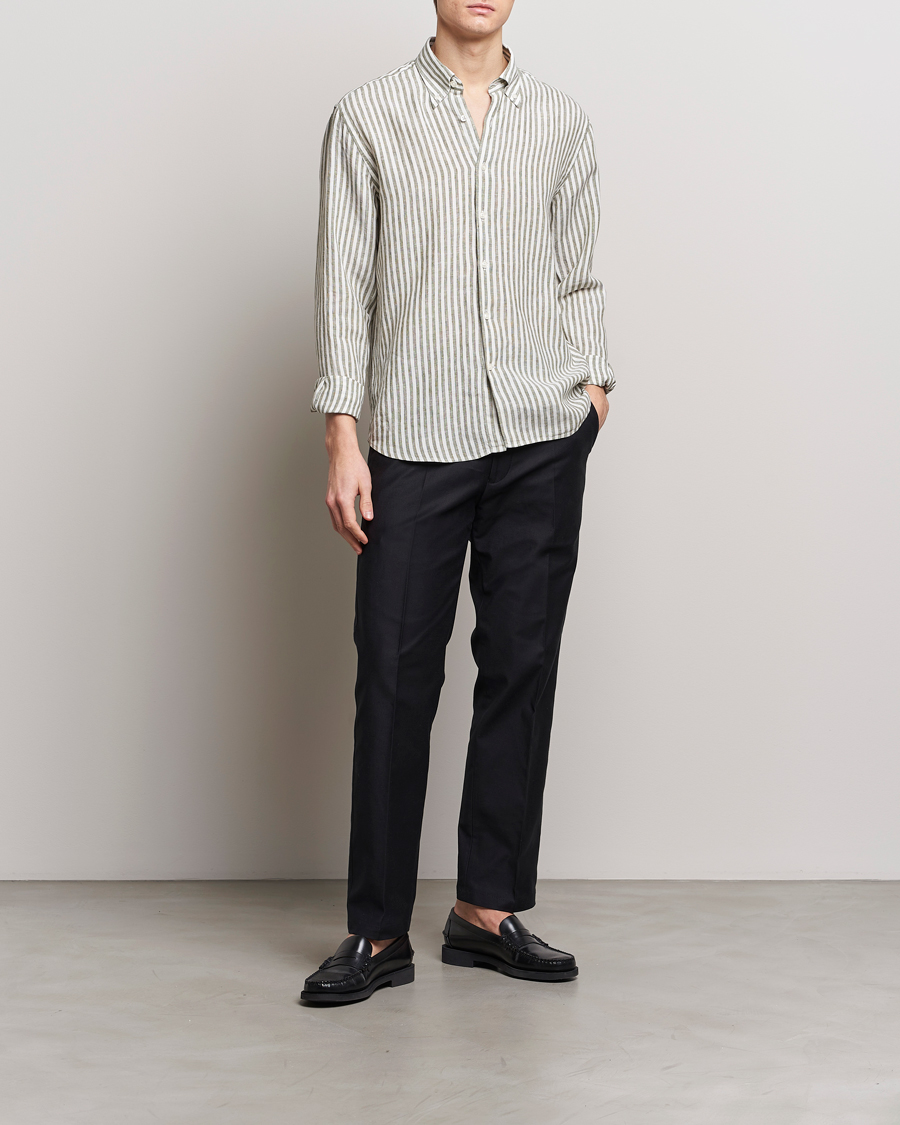 Herr | Skjortor | Oscar Jacobson | Regular Fit Dress Stripe Linen Shirt Green