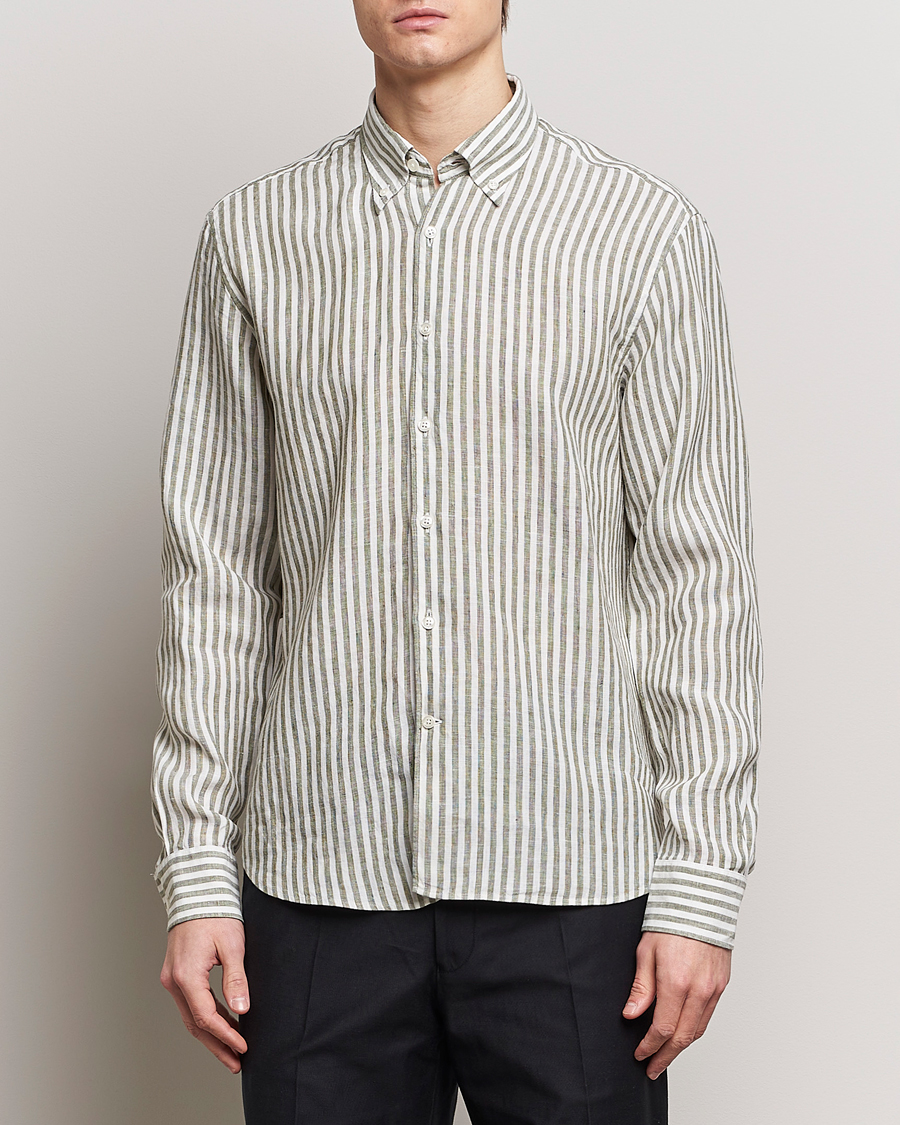 Herr | Kläder | Oscar Jacobson | Regular Fit Dress Stripe Linen Shirt Green