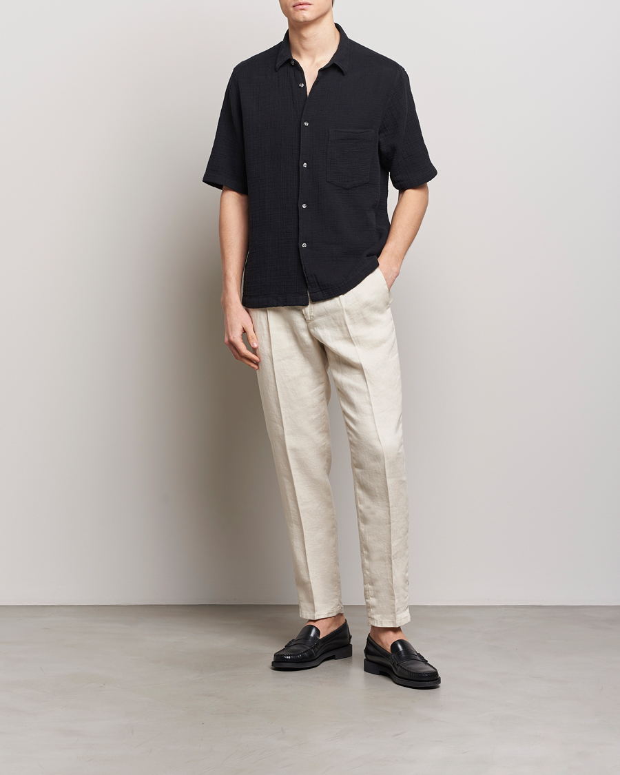 Herr | Skjortor | Oscar Jacobson | Short Sleeve City Crepe Cotton Shirt Black