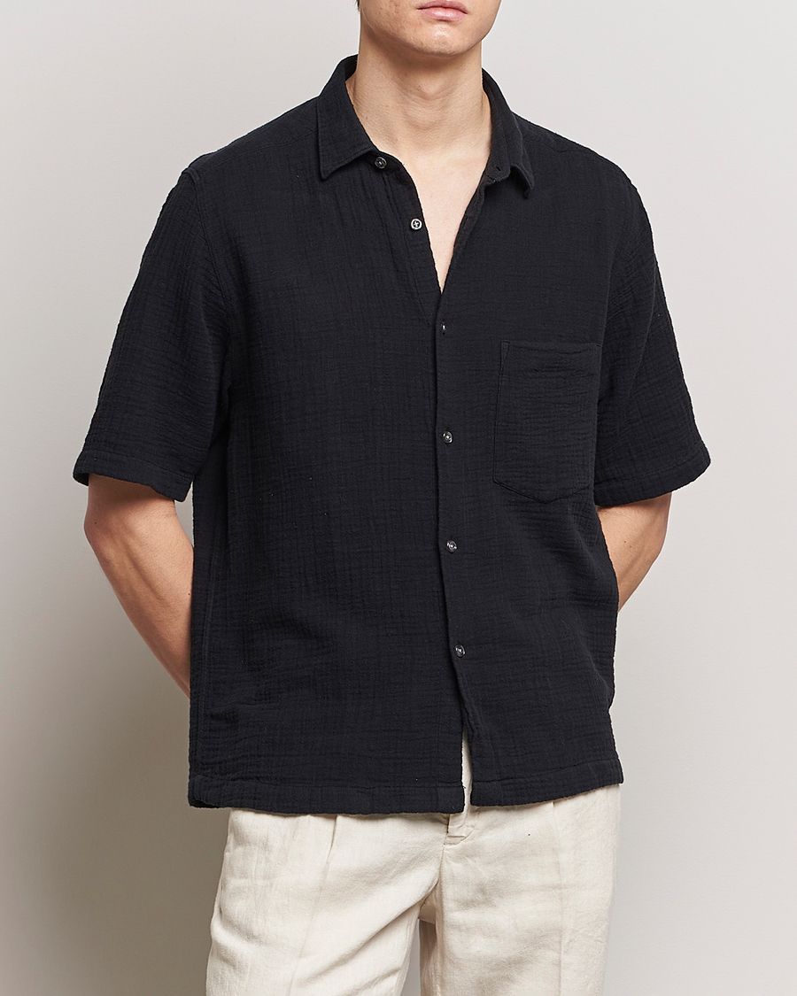 Herr | Business & Beyond | Oscar Jacobson | Short Sleeve City Crepe Cotton Shirt Black