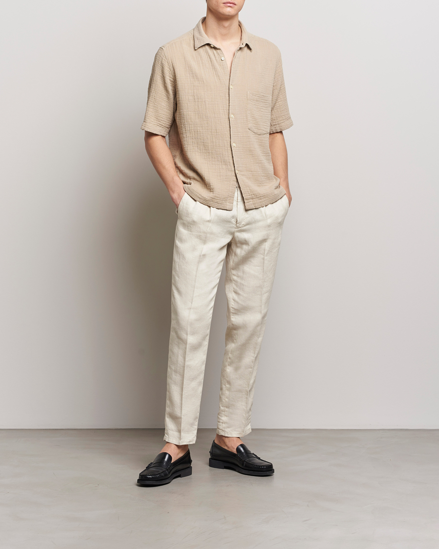 Herr | Skjortor | Oscar Jacobson | Short Sleeve City Crepe Cotton Shirt Beige
