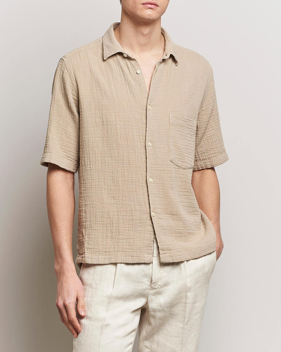 Herr | Kortärmade skjortor | Oscar Jacobson | Short Sleeve City Crepe Cotton Shirt Beige