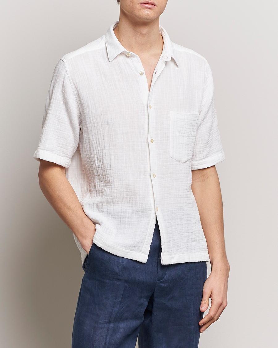 Herr | Skjortor | Oscar Jacobson | Short Sleeve City Crepe Cotton Shirt White