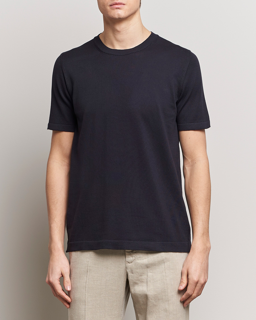 Herr | Kortärmade t-shirts | Oscar Jacobson | Brian Knitted Cotton T-Shirt Navy