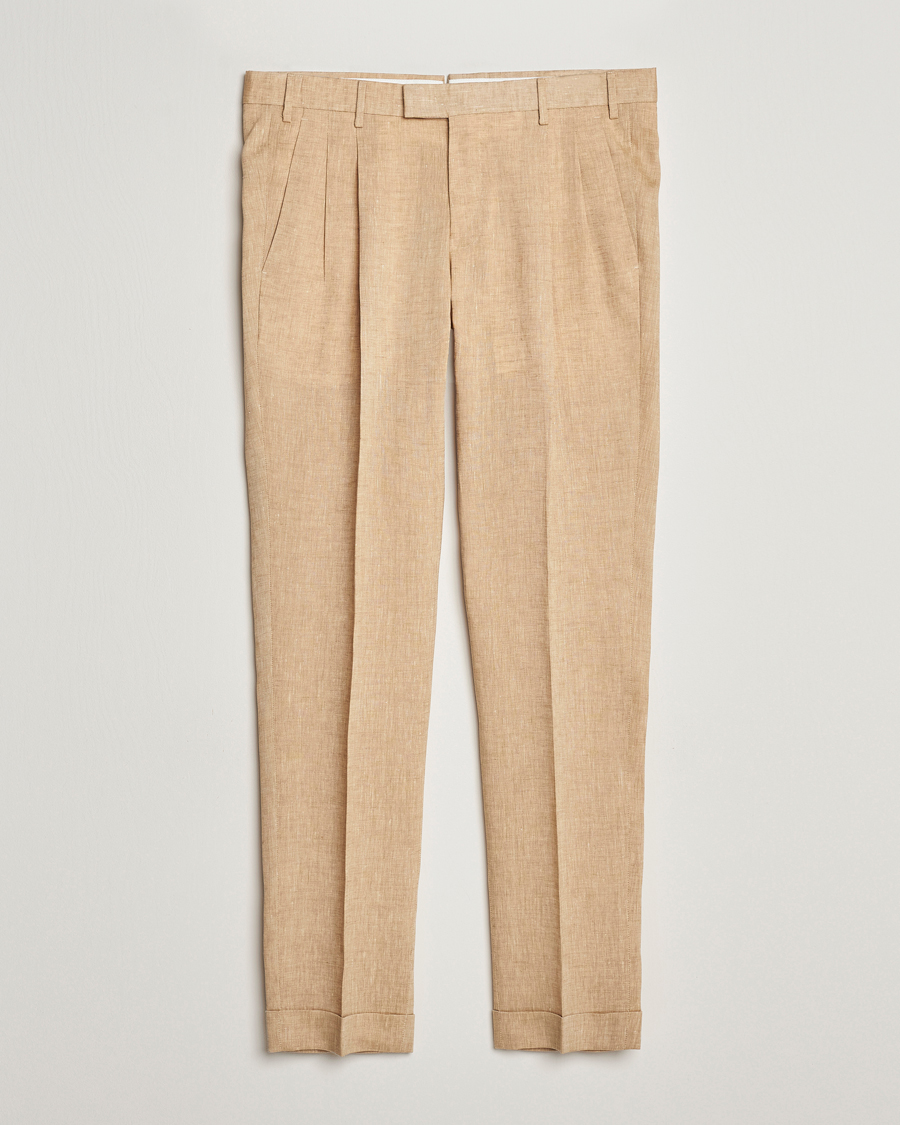 Herr | Byxor | PT01 | Slim Fit Pleated Linen Trousers Light Beige