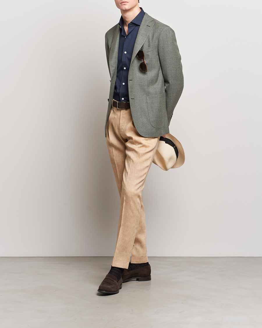 Herr | Byxor | PT01 | Slim Fit Pleated Linen Trousers Light Beige