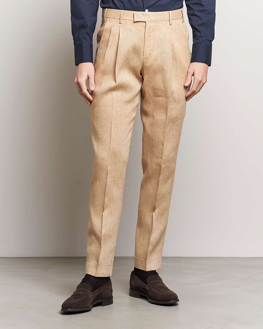 Herr | Linnebyxor | PT01 | Slim Fit Pleated Linen Trousers Light Beige