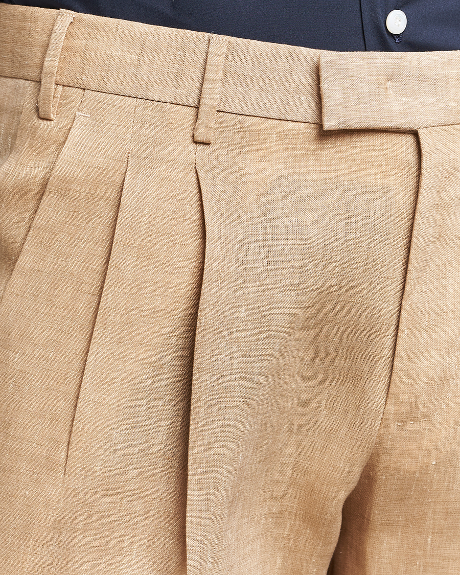 Herr | Byxor | PT01 | Slim Fit Pleated Linen Trousers Light Beige