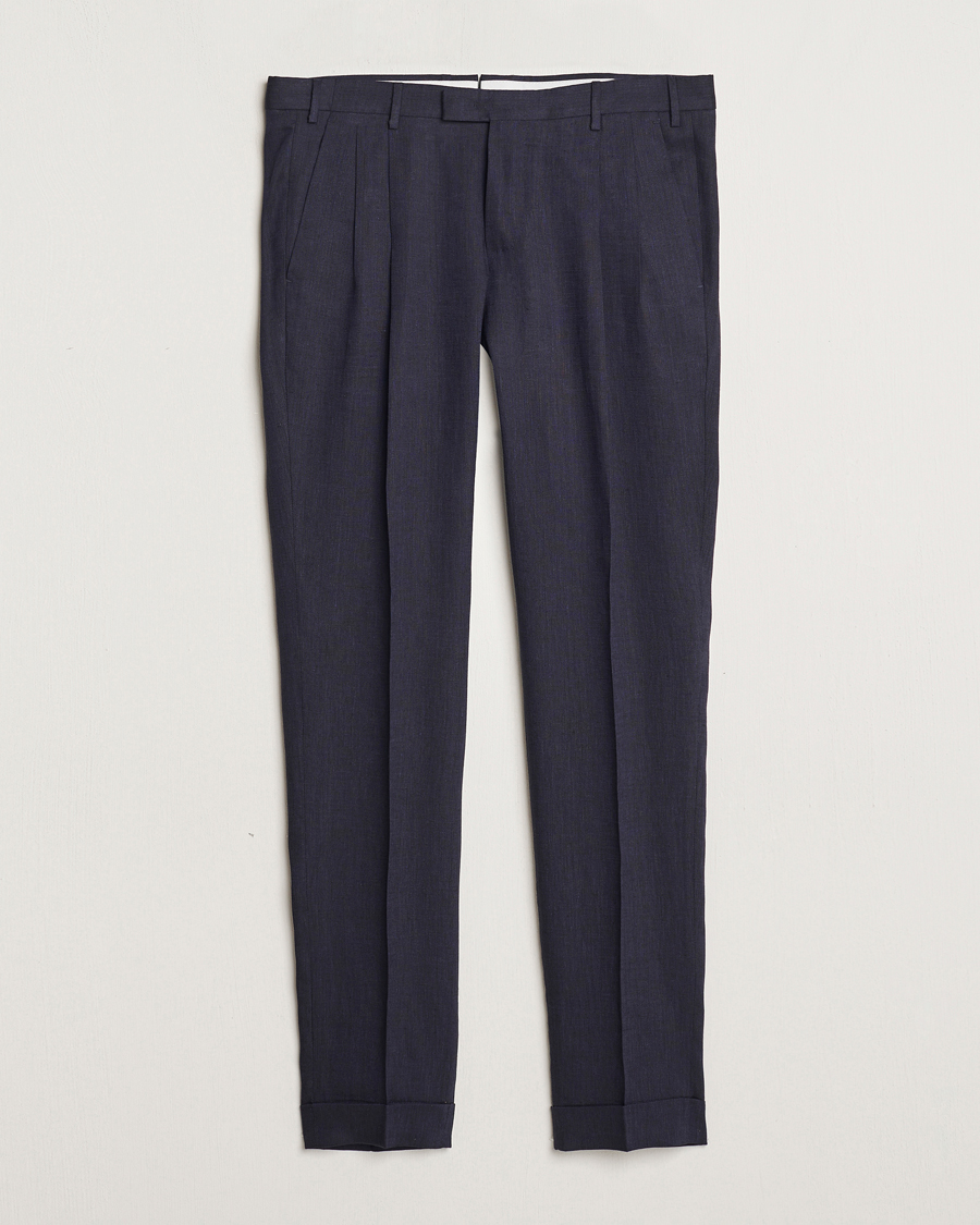 Herr | Byxor | PT01 | Slim Fit Pleated Linen Trousers Navy