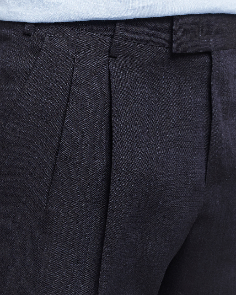 Herr | Byxor | PT01 | Slim Fit Pleated Linen Trousers Navy