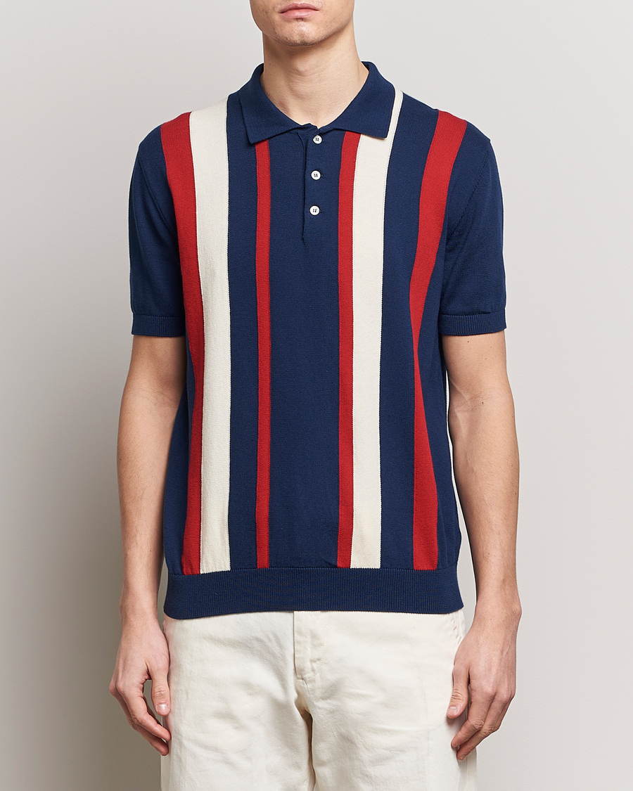 Herr | Kortärmade pikéer | Baracuta | Stripe Knitted Short Sleeve Polo Navy