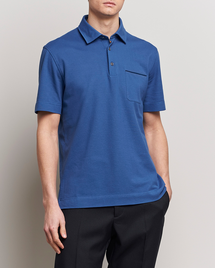 Herr | Quiet Luxury | Zegna | Short Sleeve Pocket Polo Blue