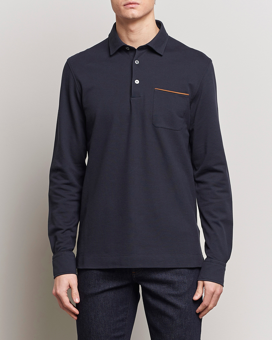 Herr | Långärmade pikéer | Zegna | Long Sleeve Pocket Polo Navy