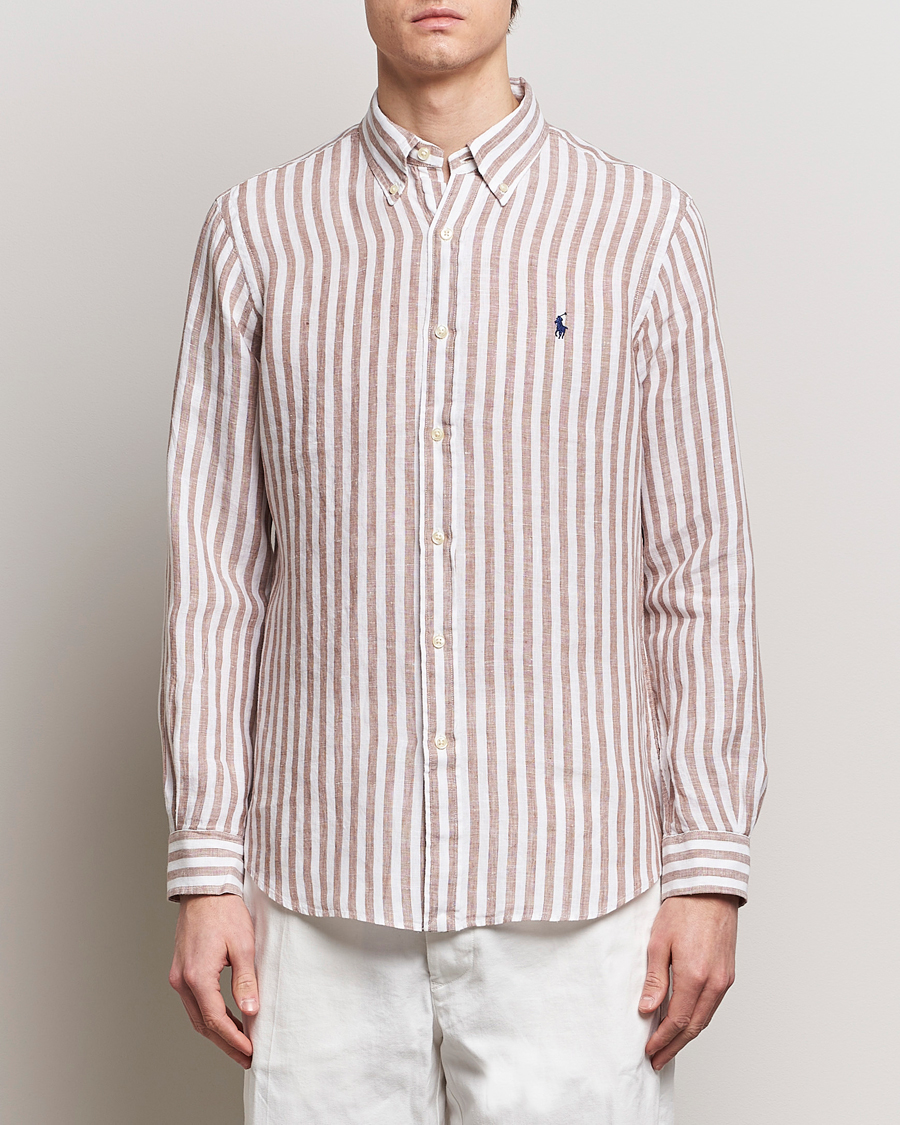 Herr | Linneskjortor | Polo Ralph Lauren | Custom Fit Striped Linen Shirt Khaki/White