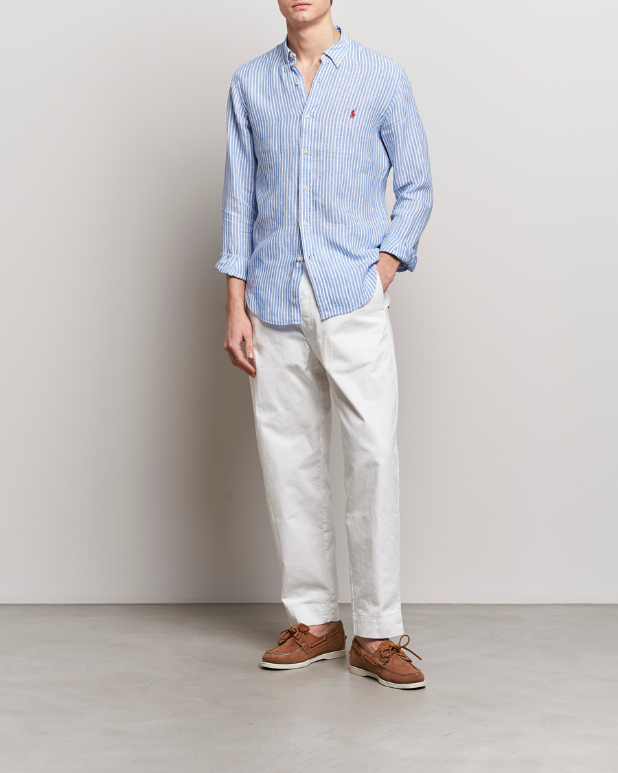 Herr | Skjortor | Polo Ralph Lauren | Slim Fit Striped Button Down Linen Shirt Blue/White