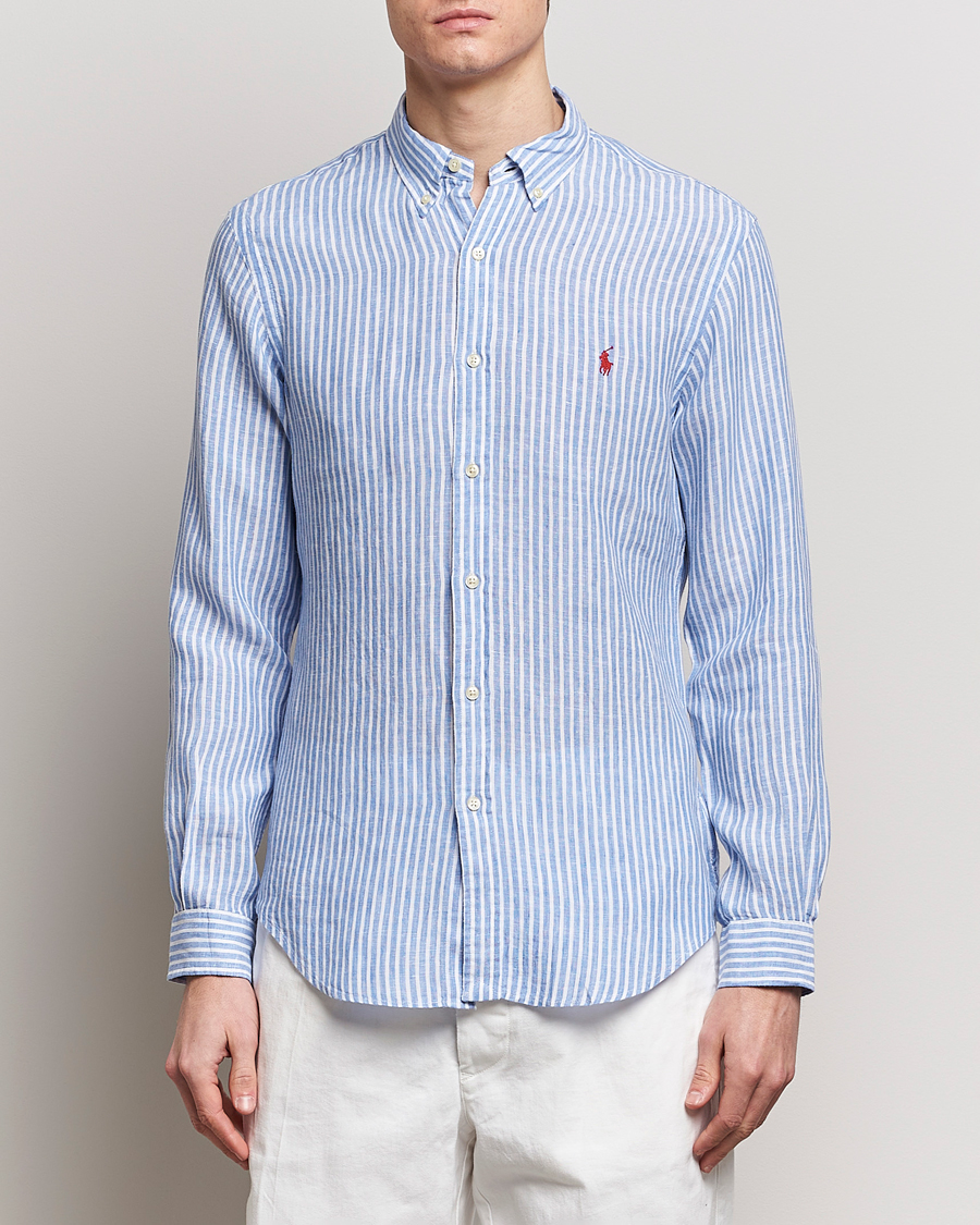 Herr | Linneskjortor | Polo Ralph Lauren | Slim Fit Striped Button Down Linen Shirt Blue/White