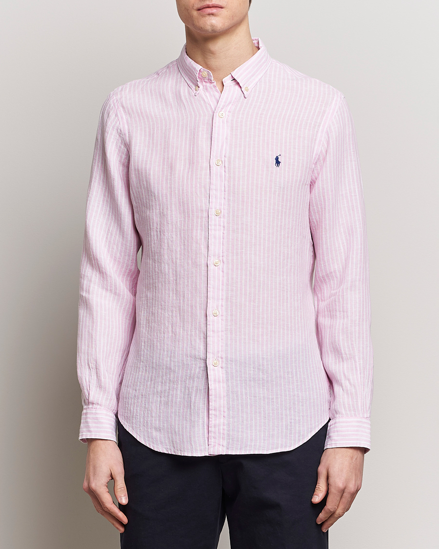 Herre |  | Polo Ralph Lauren | Slim Fit Striped Button Down Linen Shirt Pink/White