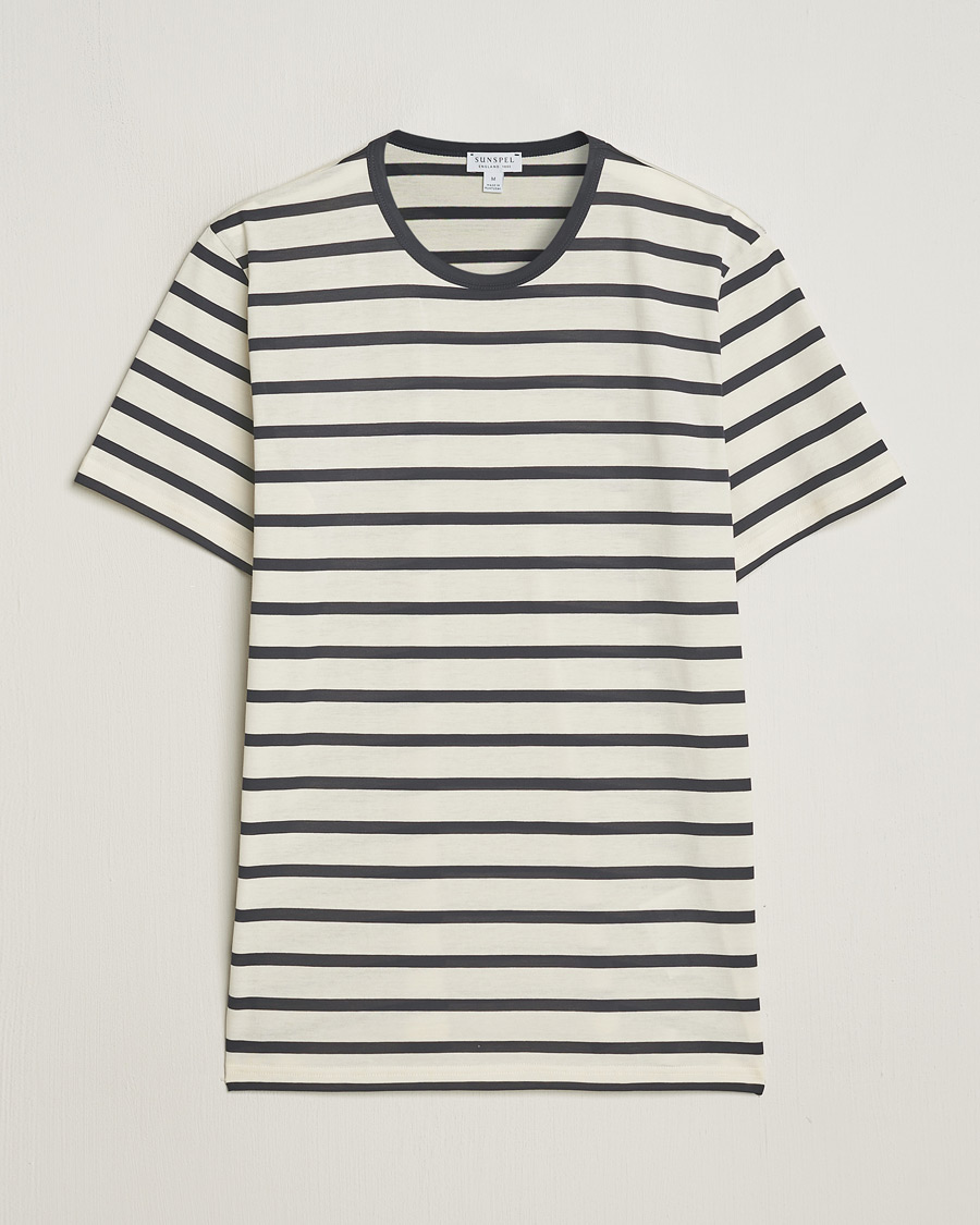Herr | T-Shirts | Sunspel | Striped Crew Neck Cotton Tee Ecru/Navy