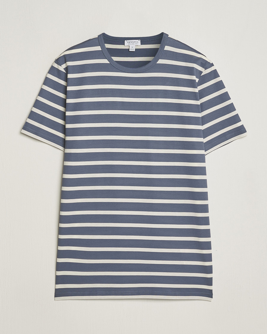Herr | T-Shirts | Sunspel | Striped Crew Neck Cotton Tee Slate Blue