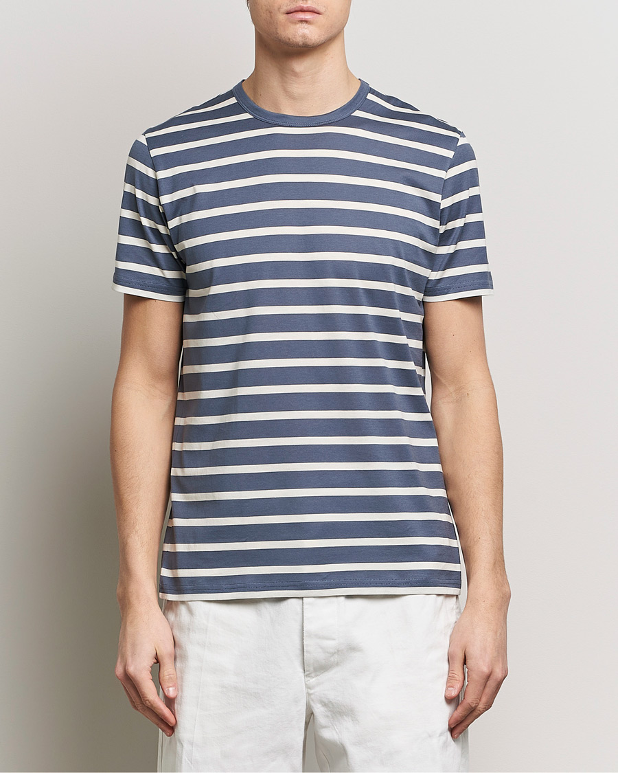 Herr | Kläder | Sunspel | Striped Crew Neck Cotton Tee Slate Blue