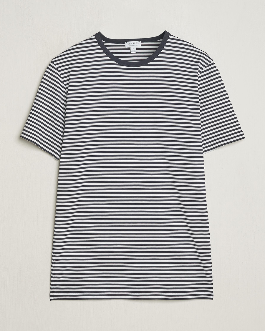 Herr | T-Shirts | Sunspel | Striped Crew Neck Q82 Cotton T-Shirt White/Navy