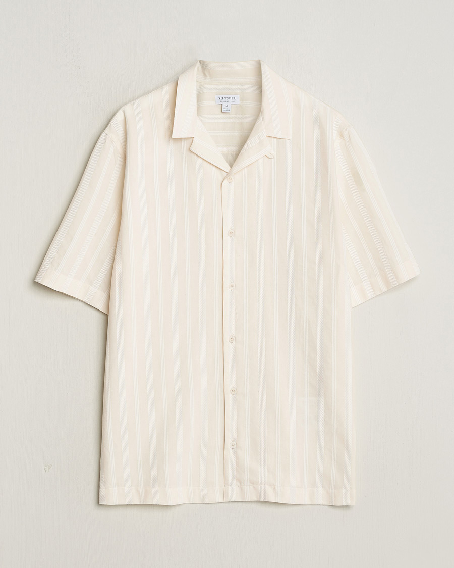 Herr | Skjortor | Sunspel | Embroidered Striped Short Sleeve Shirt Ecru