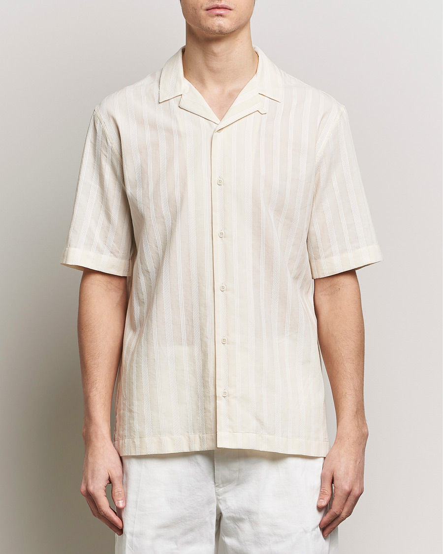 Herr | Kläder | Sunspel | Embroidered Striped Short Sleeve Shirt Ecru