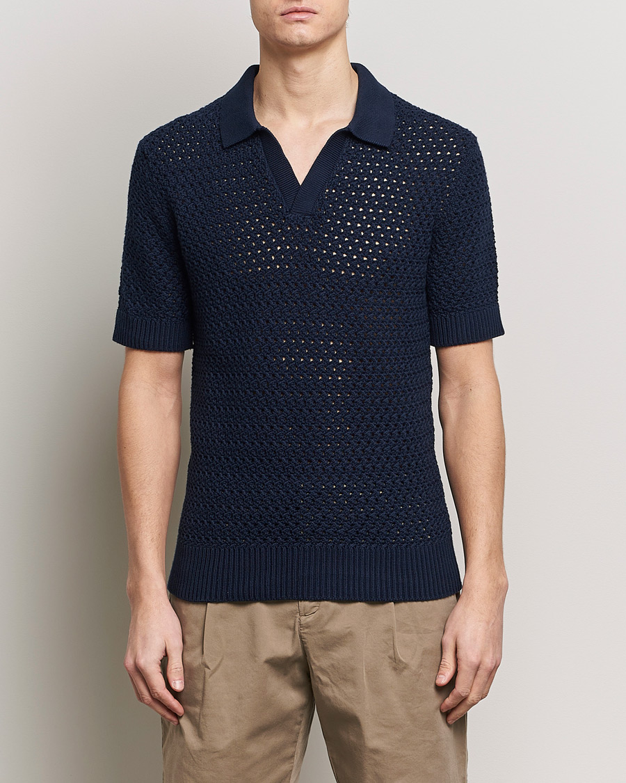 Herr | Stickade pikéer | Sunspel | Chunky Knit Polo Navy