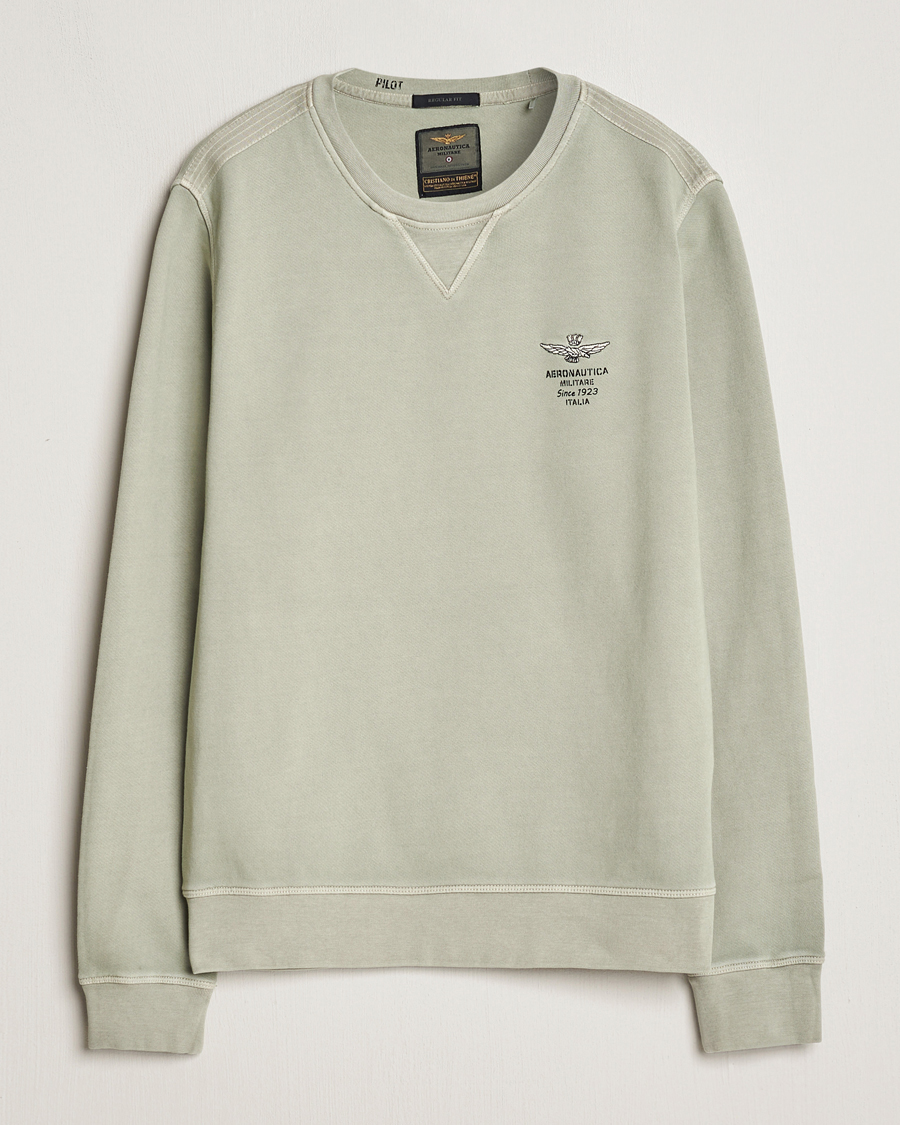 Herr | Tröjor | Aeronautica Militare | Washed Crew Neck Sweatshirt Sage Green