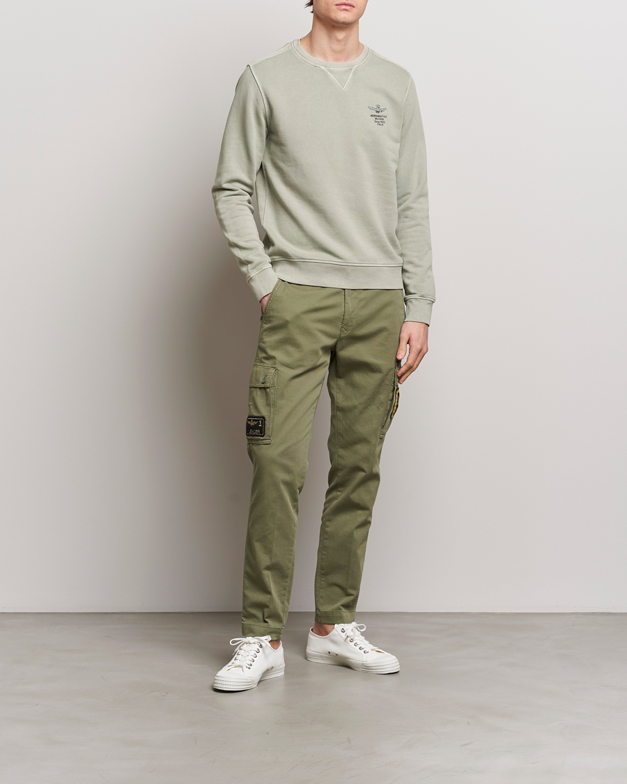 Herr | Tröjor | Aeronautica Militare | Washed Crew Neck Sweatshirt Sage Green