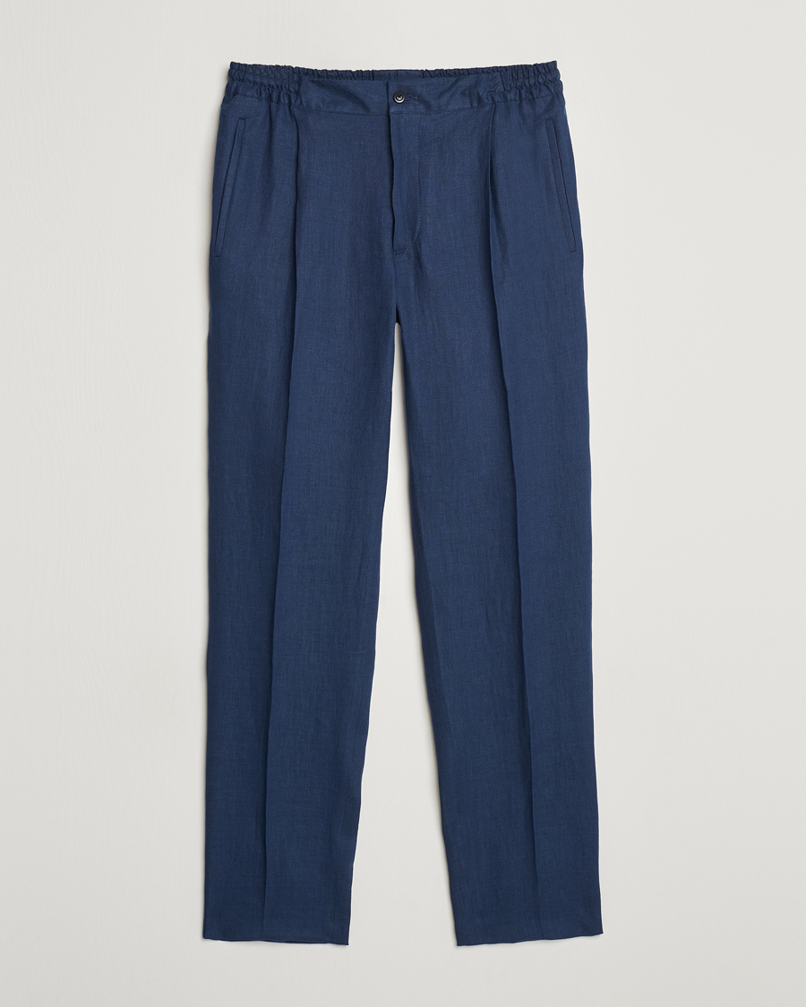 Herr | Byxor | Kiton | Pure Linen Drawstring Trousers Dark Blue
