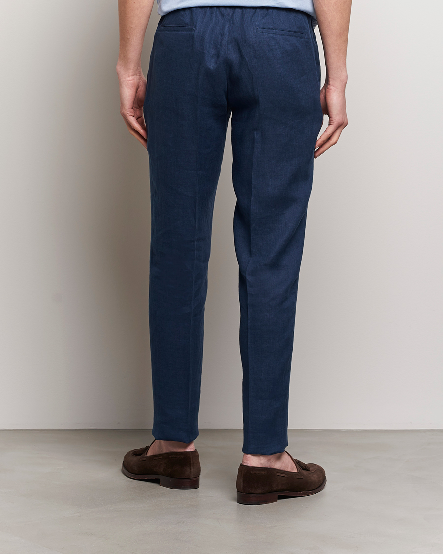 Herr | Byxor | Kiton | Pure Linen Drawstring Trousers Dark Blue