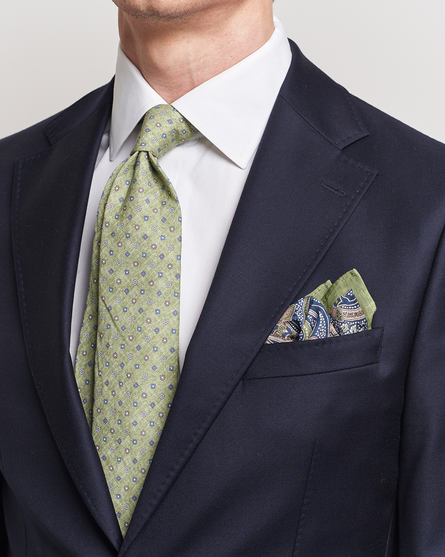 Herr | Kavaj | Amanda Christensen | Box Set Printed Linen 8cm Tie With Pocket Square Green