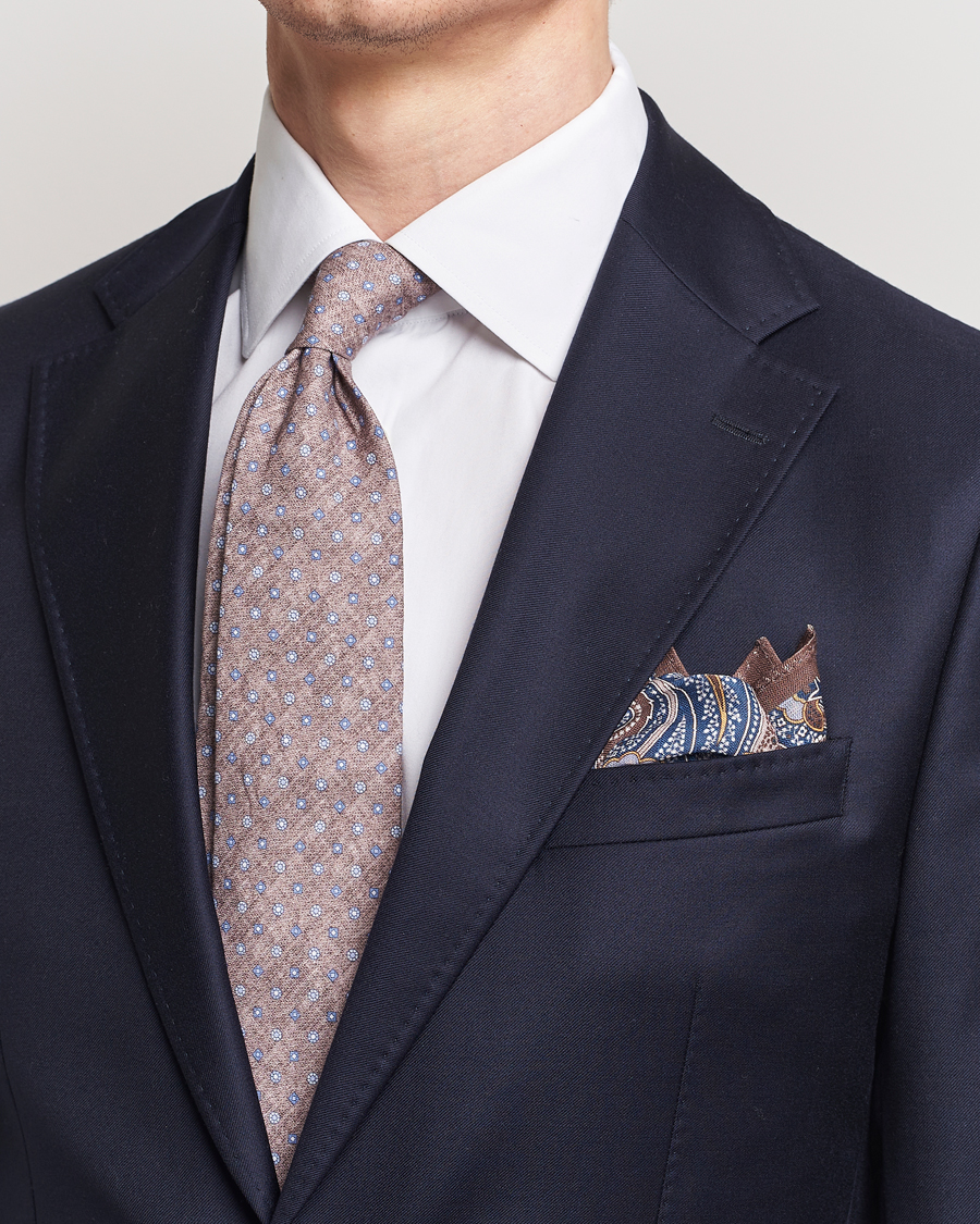 Herre |  | Amanda Christensen | Box Set Printed Linen 8cm Tie With Pocket Square Brown