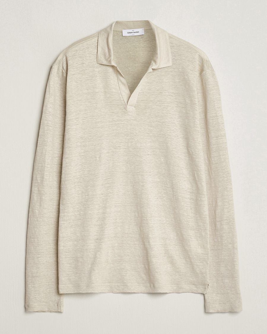 Herr | Tröjor | Gran Sasso | Washed Linen Long Sleeve Polo Beige Melange