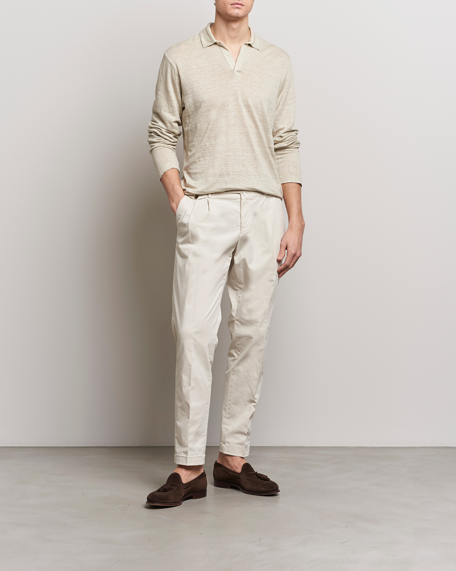 Herr | Tröjor | Gran Sasso | Washed Linen Long Sleeve Polo Beige Melange