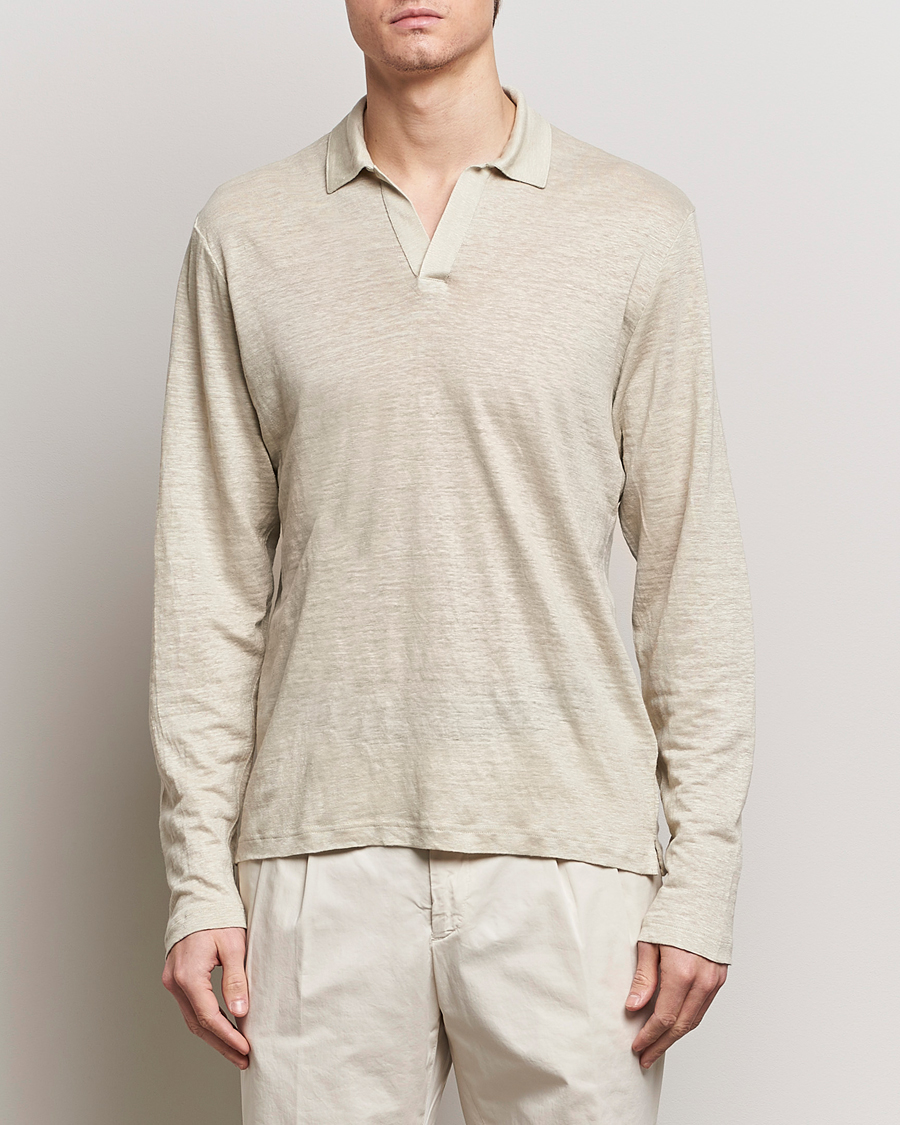 Herr | Tröjor | Gran Sasso | Washed Linen Long Sleeve Polo Beige Melange