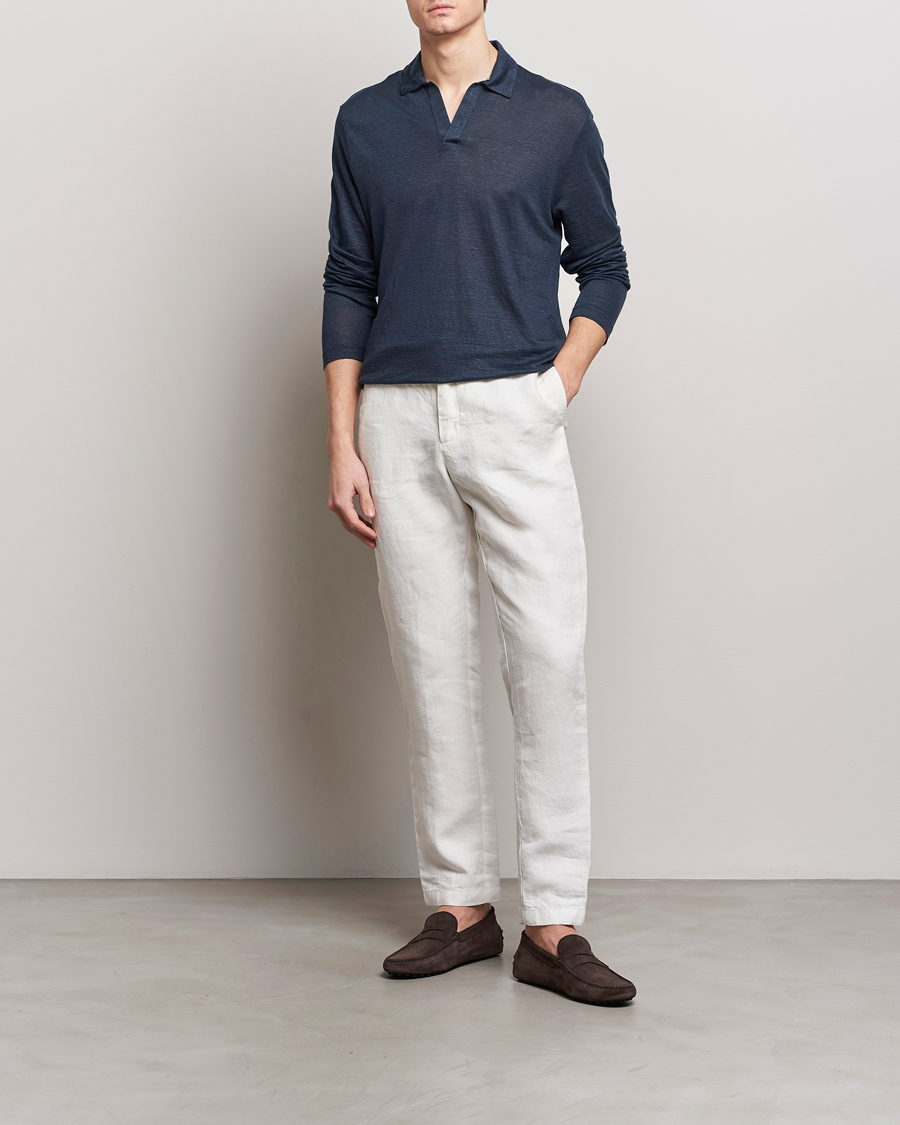 Herr | Tröjor | Gran Sasso | Washed Linen Long Sleeve Polo Navy