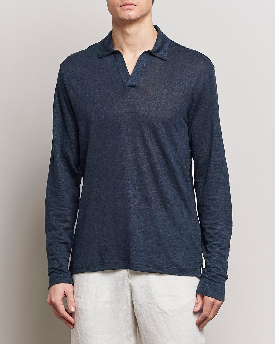 Herr |  | Gran Sasso | Washed Linen Long Sleeve Polo Navy